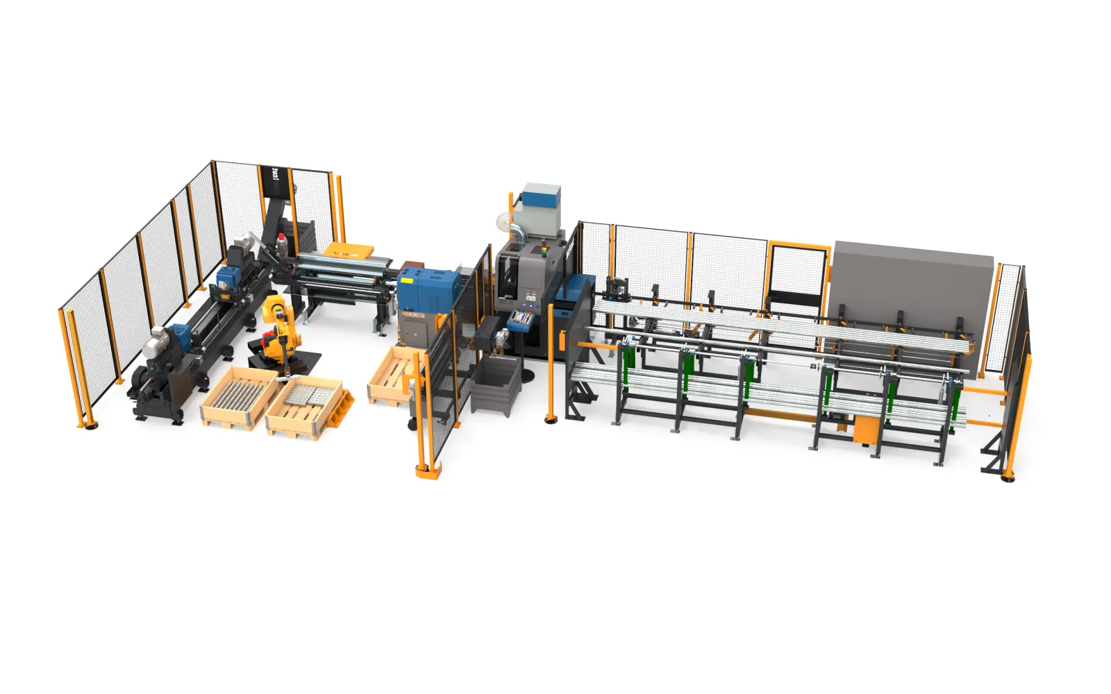 Automatisierte ExactCut-Sägelinie mit Materialhandling – Säge, Roboterhandling und Förderer
